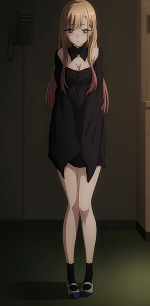 Anime Girl in Black Dress and Bow Tie Standing in Dimly Lit Room HD phone wallpaper