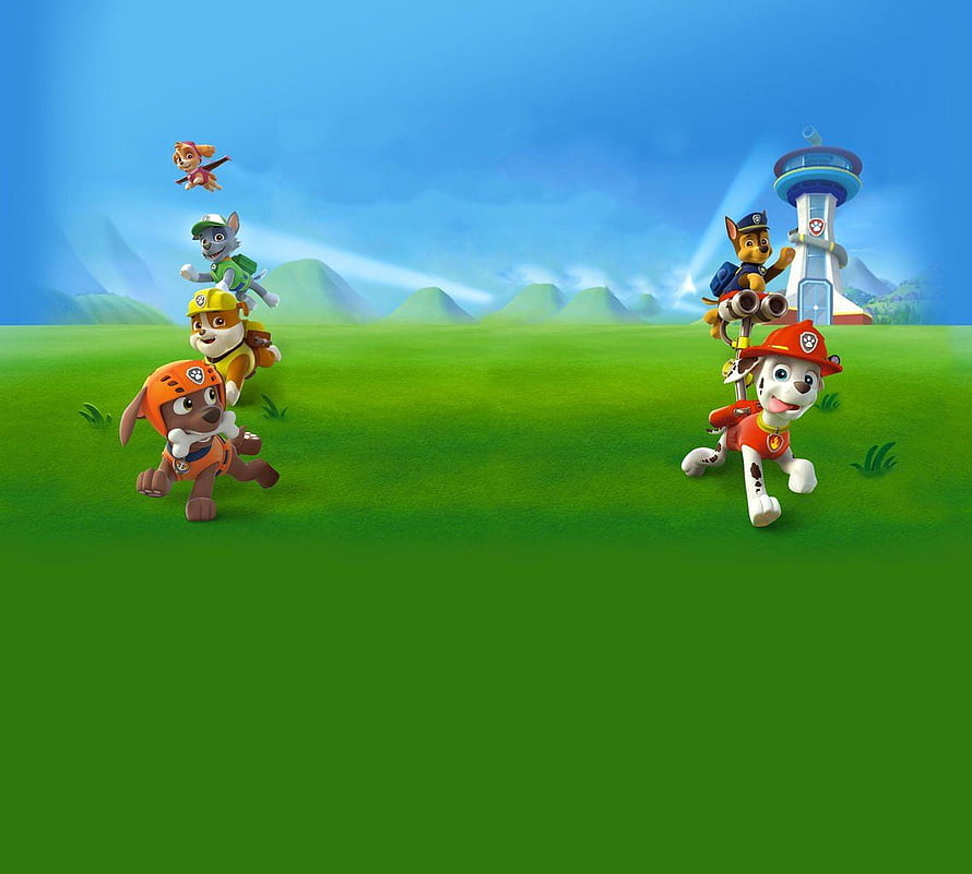 PAW Patrol Team Running Across Green Meadow with Watchtower in Background HD wallpaper
