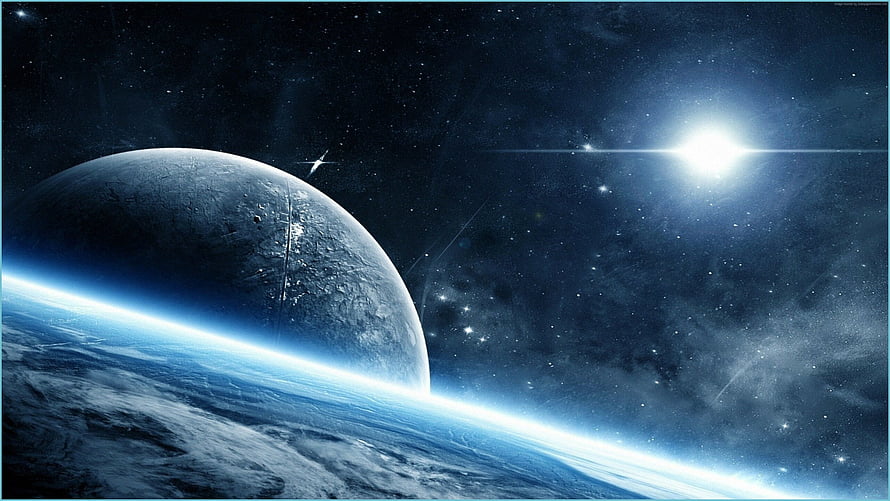 Stunning View of a Blue Planet and Moon in Deep Space with Bright Starlight HD wallpaper