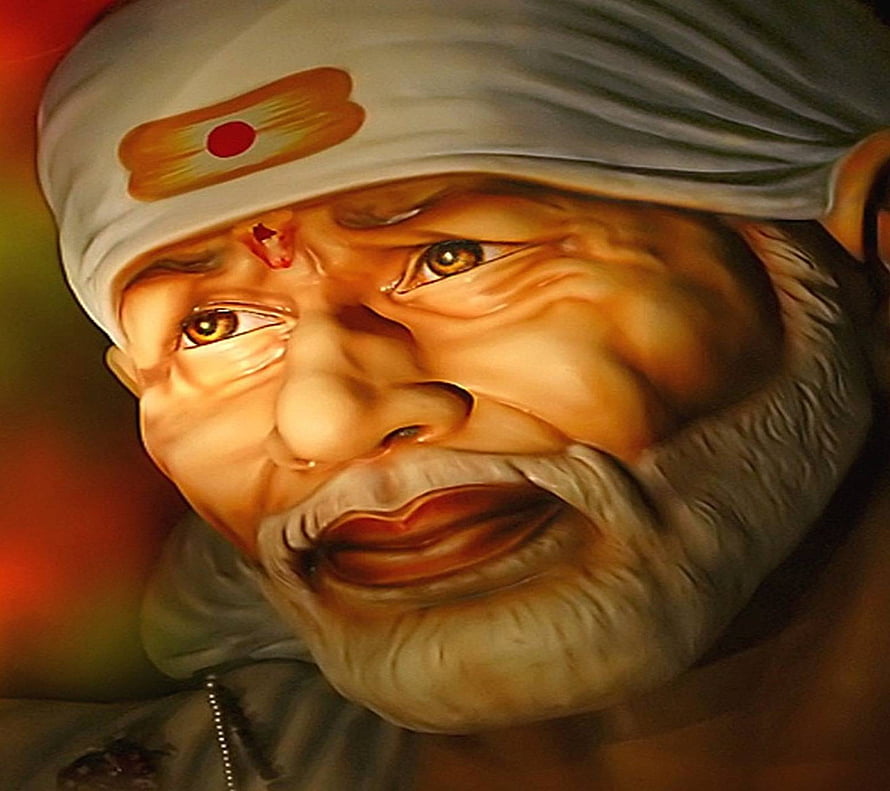 Portrait of an elderly man with a white turban and red tilak mark, featuring a warm smile and expressive eyes in a detailed digital painting style, Sai Baba by _Sonu786_, #sai baba HD wallpaper