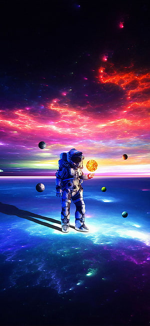 Neon Astronaut Holding a Glowing Sun in a Vibrant Cosmic Nebula Landscape HD phone wallpaper