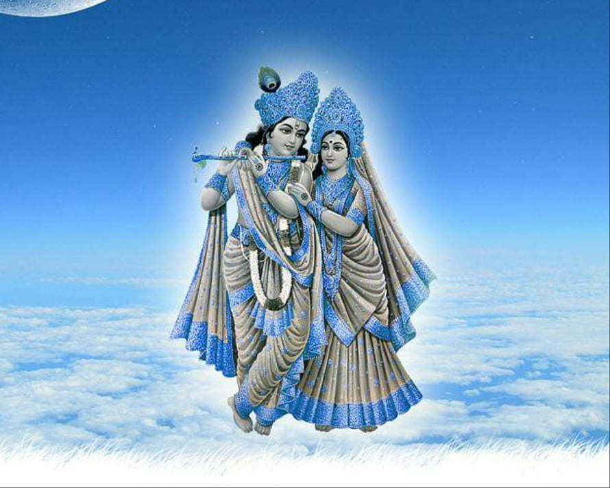 Radha and Krishna Floating Above Clouds in Blue and Gold Attire HD wallpaper