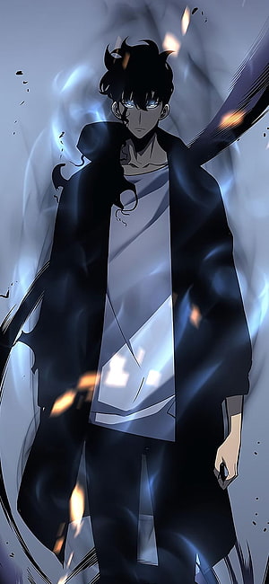 Anime Male Character With Glowing Eyes And Dark Coat In Blue Aura HD phone wallpaper