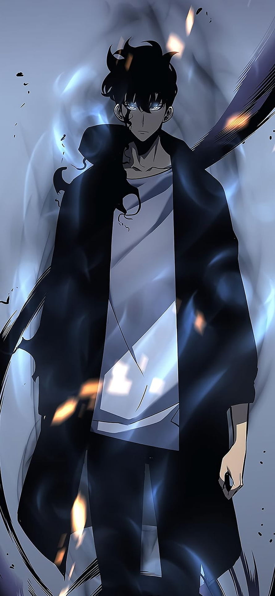 Anime Male Character With Glowing Eyes And Dark Coat In Blue Aura HD phone wallpaper