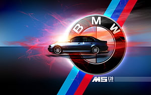 BMW M5 E39 Sedan with M Logo and Racing Stripes on Vibrant Background HD wallpaper