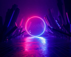 Futuristic Neon Ring Portal in a Dark Crystal Canyon with Reflective Grid Floor HD wallpaper