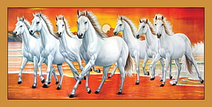 Seven White Horses Galloping at Sunset in Vibrant Artistic Painting HD wallpaper