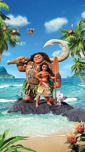 Moana and Maui standing on a tropical beach with Pua and Heihei HD phone wallpaper
