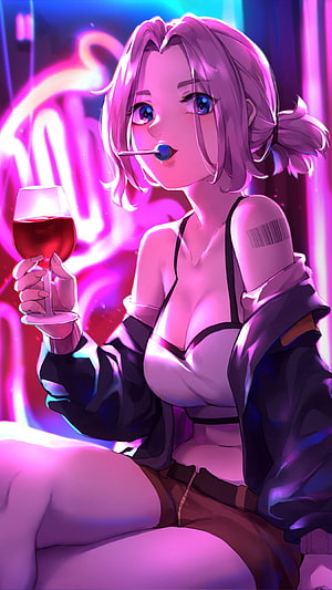 Anime Girl With Barcode Tattoo Drinking Wine In Neon Cyberpunk Club HD phone wallpaper