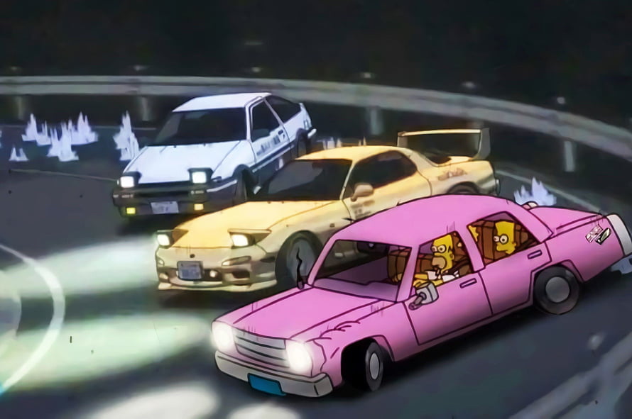 Simpsons Characters Racing in Initial D Style Anime Scene HD wallpaper
