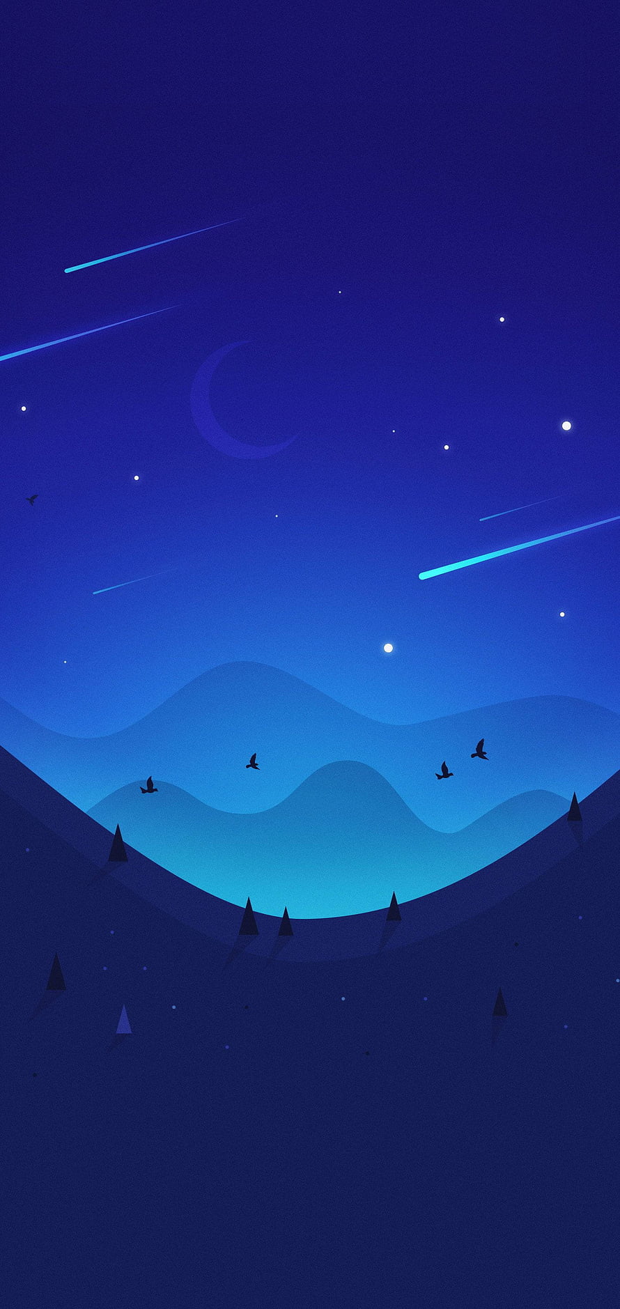 Minimalist Blue Night Sky With Crescent Moon, Shooting Stars, And Silhouetted Mountains HD phone wallpaper
