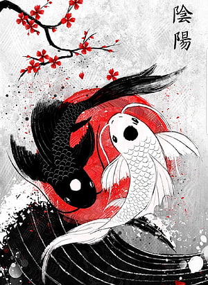 Yin Yang Koi Fish Japanese Ink Art with Red Cherry Blossoms HD phone wallpaper
