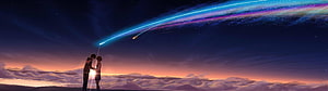 Your Name Anime Movie Taki and Mitsuha Under the Comet Tail at Sunset HD wallpaper