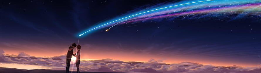 Your Name Anime Movie Taki and Mitsuha Under the Comet Tail at Sunset HD wallpaper