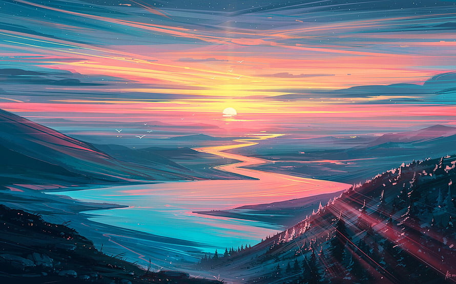 Vivid Digital Art of a Winding River Valley at Sunset with Pink and Blue Sky HD wallpaper