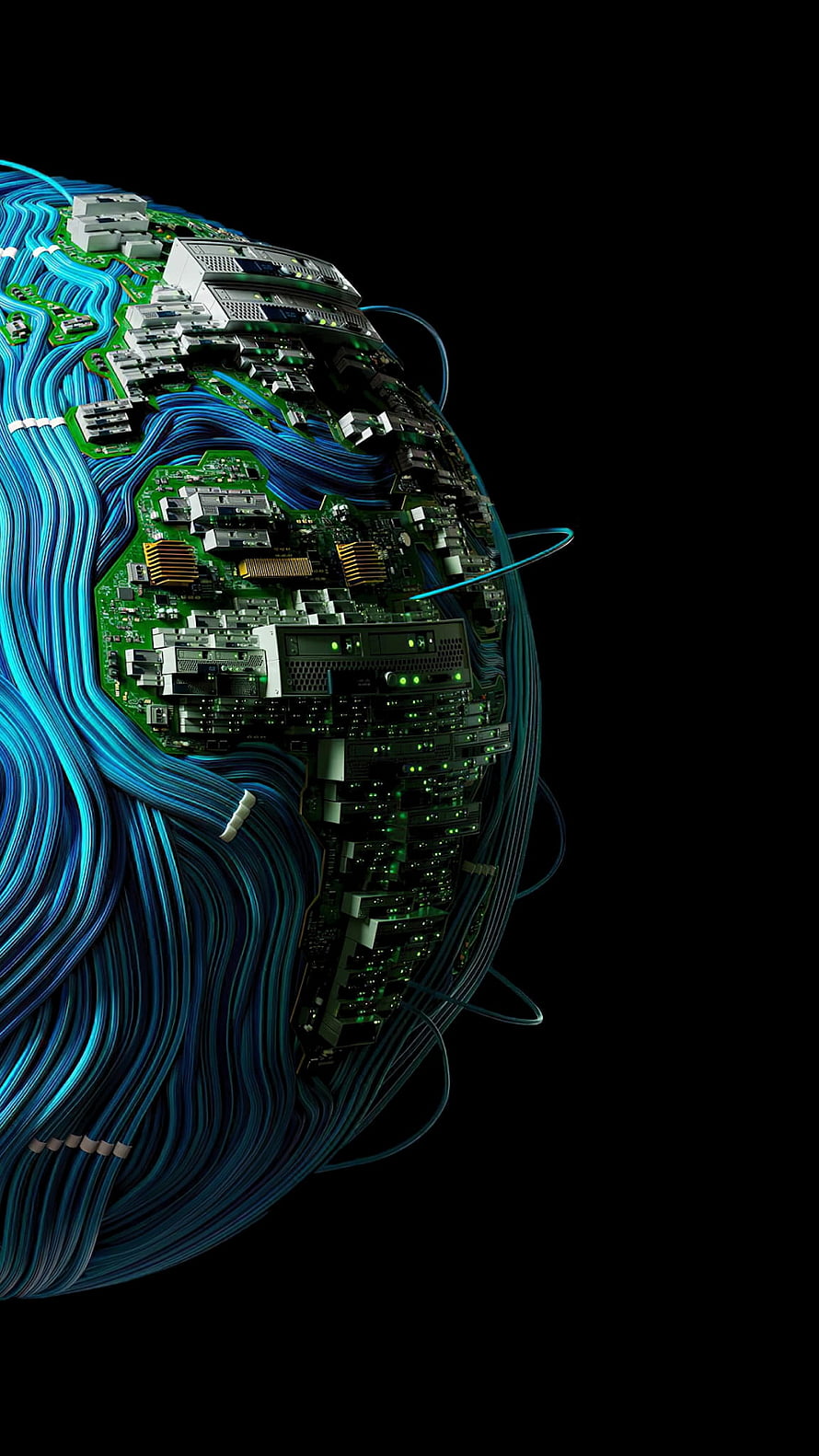 Cyberpunk Digital Earth Globe with Circuit Boards and Fiber Optic Cables on Black Background HD phone wallpaper
