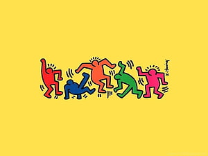 Keith Haring colorful dancing figures on yellow background HD wallpaper