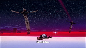 Evangelion Beach Scene with Giant Angels and Fallen Figure Under Starry Sky HD wallpaper