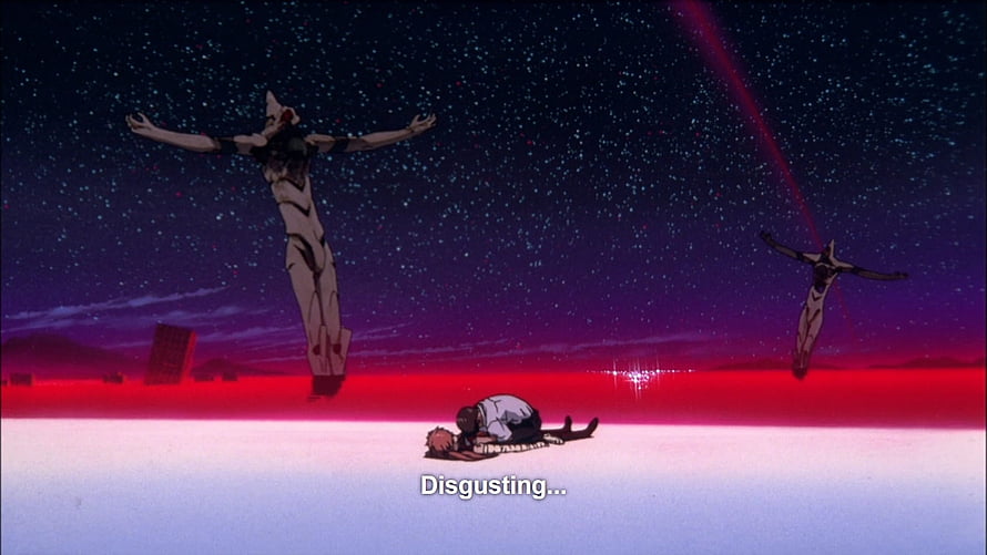 Evangelion Beach Scene with Giant Angels and Fallen Figure Under Starry Sky HD wallpaper