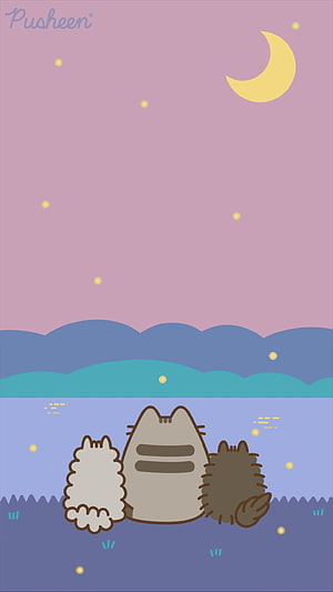 Pusheen and Friends Stargazing Under a Crescent Moon in a Pastel Night Sky HD phone wallpaper