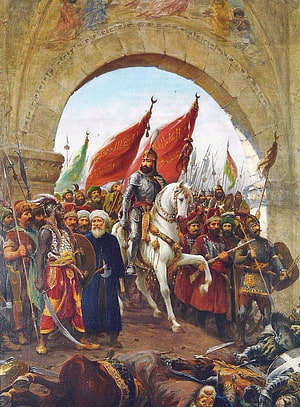 Historical painting of a medieval army entering a stone archway with red flags and a mounted commander, Mighty sovereigns of Ottoman throne: Sultan Mehmed the Conqueror, mehmed ii HD phone wallpaper