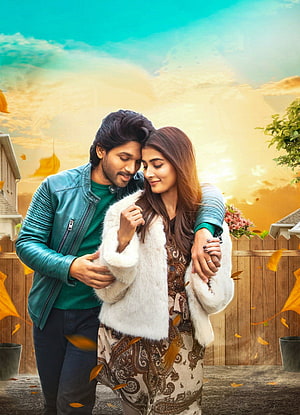 Romantic couple embracing in autumn setting with falling leaves and warm sunset background, Ala Vaikunthapurramuloo Movie Allu Arjun and Pooja Hegde, #allu arjun and pooja hegde HD phone wallpaper