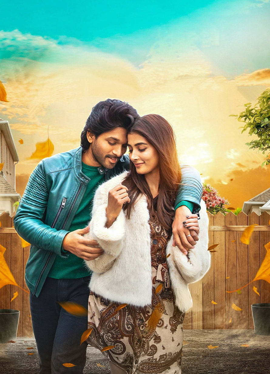 Romantic couple embracing in autumn setting with falling leaves and warm sunset background, Ala Vaikunthapurramuloo Movie Allu Arjun and Pooja Hegde, #allu arjun and pooja hegde HD phone wallpaper