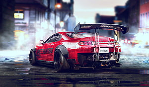 Red Toyota Supra JZA80 Drift Car with Widebody Kit and Large Rear Wing on Wet Street HD wallpaper