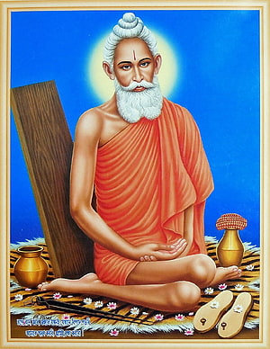 Loknath Baba Portrait in Orange Dhoti with Halo and Traditional Props HD phone wallpaper