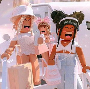 Three Roblox avatars posing with luggage and a phone in a pastel-toned scene HD wallpaper