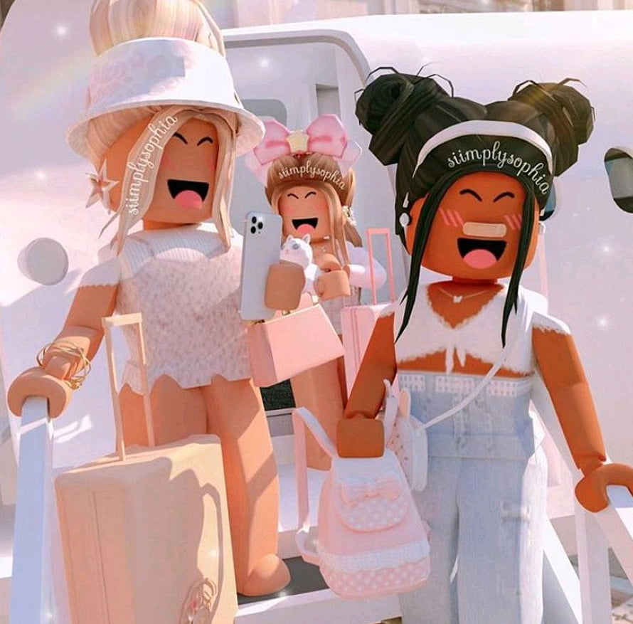 Three Roblox avatars posing with luggage and a phone in a pastel-toned scene HD wallpaper