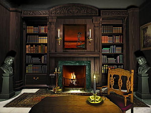 Dark Gothic Library Study with Fireplace, Busts, and Antique Bookshelves HD wallpaper