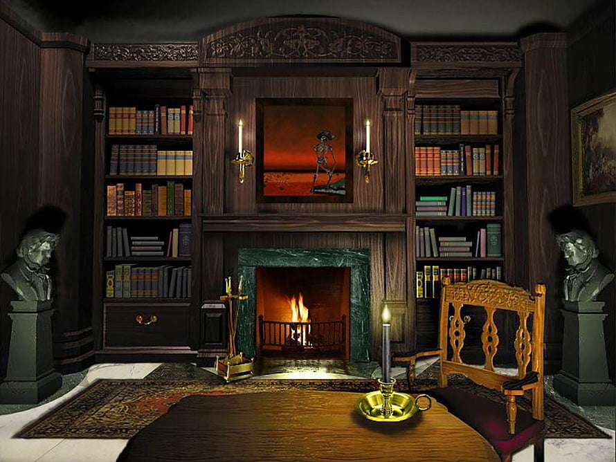 Dark Gothic Library Study with Fireplace, Busts, and Antique Bookshelves HD wallpaper