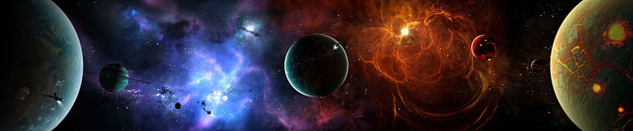 Vibrant Space Panorama Featuring Diverse Planets, Nebulae, and a Glowing Star System HD wallpaper