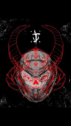 Doom Slayer Horned Mask with Red Veins and Symbol on Black Background HD phone wallpaper