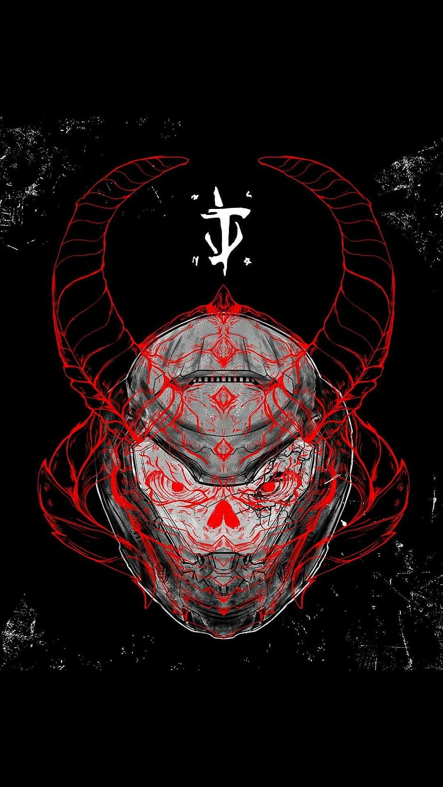 Doom Slayer Horned Mask with Red Veins and Symbol on Black Background HD phone wallpaper