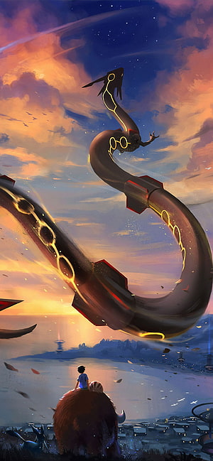 Boy and Giant Mechanical Dragon Watching Sunset Over Ocean City HD phone wallpaper