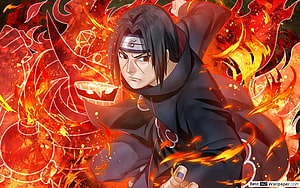 Itachi Uchiha in Akatsuki cloak surrounded by intense red flames and chakra energy HD wallpaper