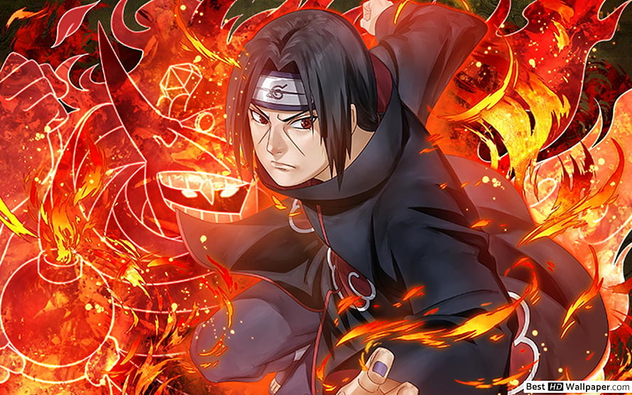 Itachi Uchiha in Akatsuki cloak surrounded by intense red flames and chakra energy HD wallpaper