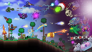 Terraria Calamity Mod Pixel Art Battle Scene with Mythical Bosses and Characters HD wallpaper