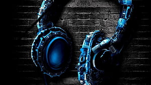 Futuristic Cyberpunk Headphones with Mechanical Details on Dark Brick Wall HD wallpaper