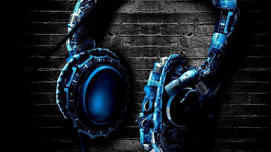 Futuristic Cyberpunk Headphones with Mechanical Details on Dark Brick Wall HD wallpaper