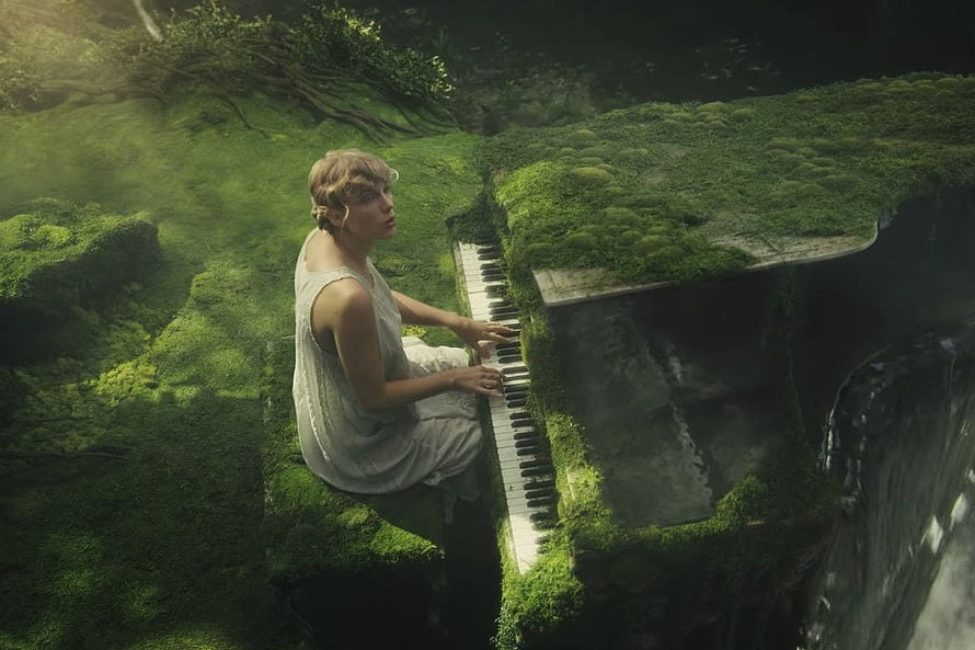 Taylor Swift playing a moss-covered piano in a lush green forest setting HD wallpaper