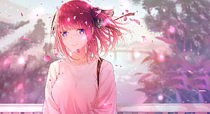 Nino Nakano Anime Girl with Pink Hair and Cherry Blossoms HD wallpaper