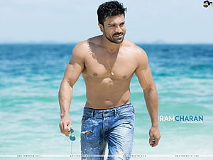 Ram Charan shirtless beach photoshoot in blue jeans and sunglasses HD wallpaper