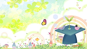 Cute Graduation Cap with Birds and Sprout in Whimsical Garden Scene HD wallpaper