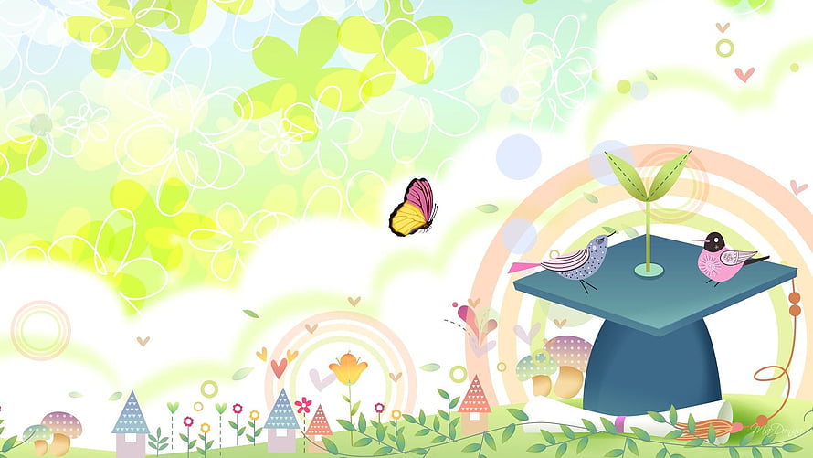Cute Graduation Cap with Birds and Sprout in Whimsical Garden Scene HD wallpaper
