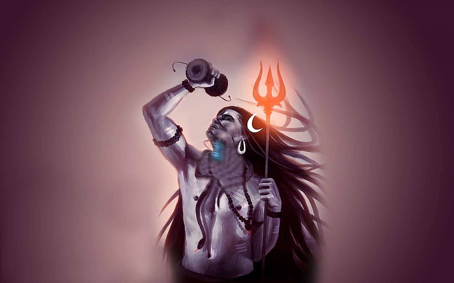 Digital Art of Hindu God Shiva Drinking Water with Trishula and Crescent Moon HD wallpaper