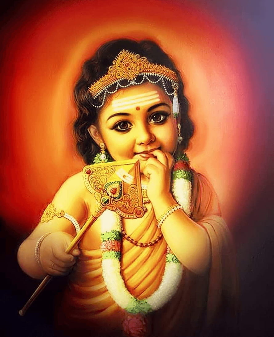 Cute Baby Krishna Eating Sweet with Flute and Golden Crown HD phone wallpaper