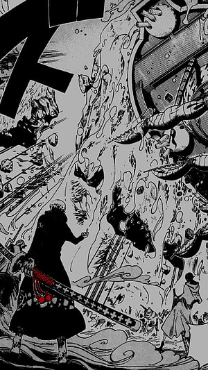 One Piece manga panel featuring Trafalgar Law and Eustass Kid facing a massive tidal wave attack, One Piece Manga, manga panel HD phone wallpaper